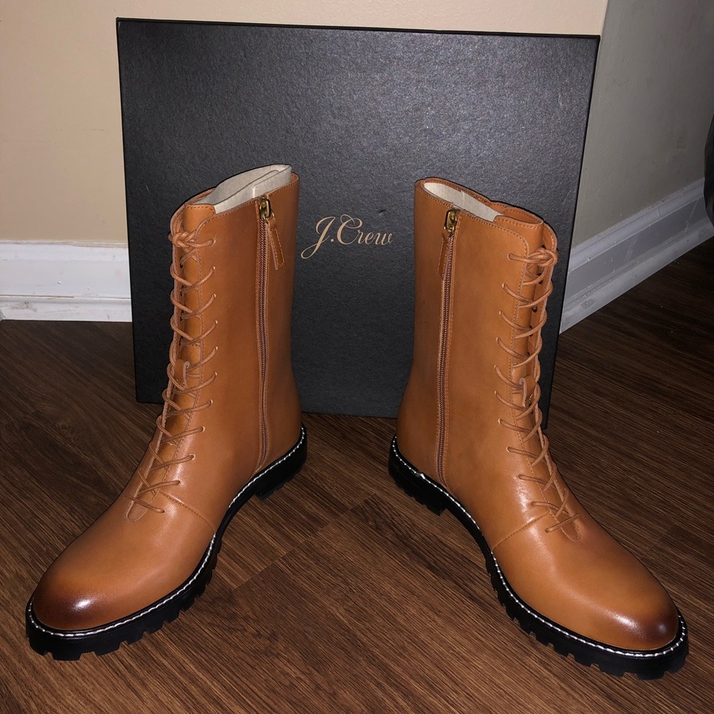 J CREW | Rich Oak Gwen Lug-Sole Leather Lace-Up Tall Shaft Boots | Size 9.5 - Picture 5 of 15